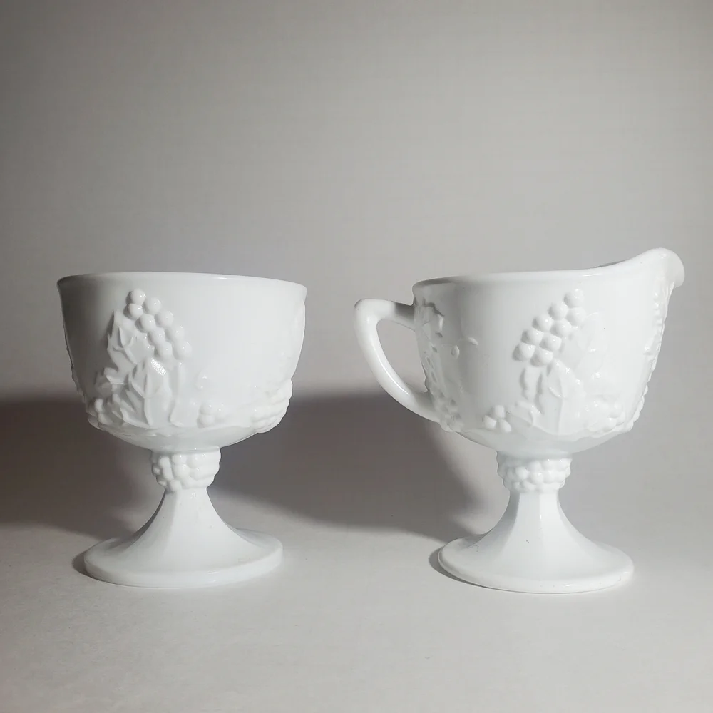 Vintage Indiana Glass Colony Harvest Grape Milk Glass Creamer & Sugar Bowl Set